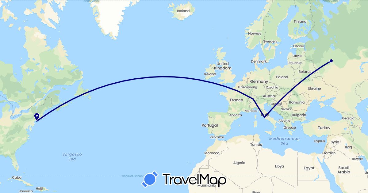 TravelMap itinerary: driving in Switzerland, France, Italy, Russia, United States (Europe, North America)